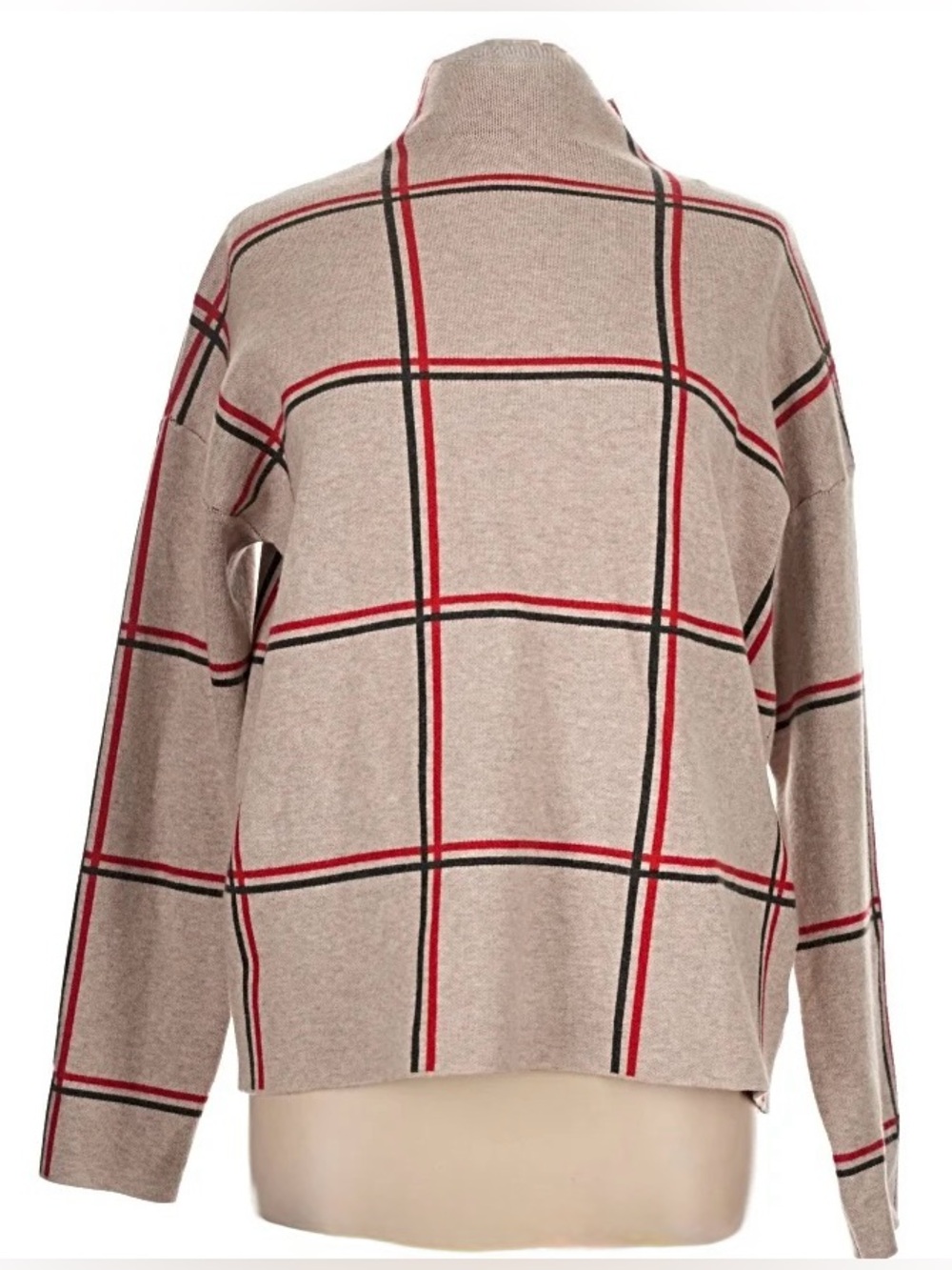 Tahari Pullover sweater Beige Plaid Sweater with Red & Black Windowpanel size L